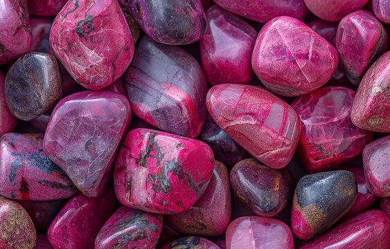 macro tumbling gemstones of pink thulite or zoisite
