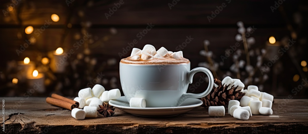 Leinwandbilder on a wooden table there is a delightful cup of cocoa adorned with marshmallows the inviting image of