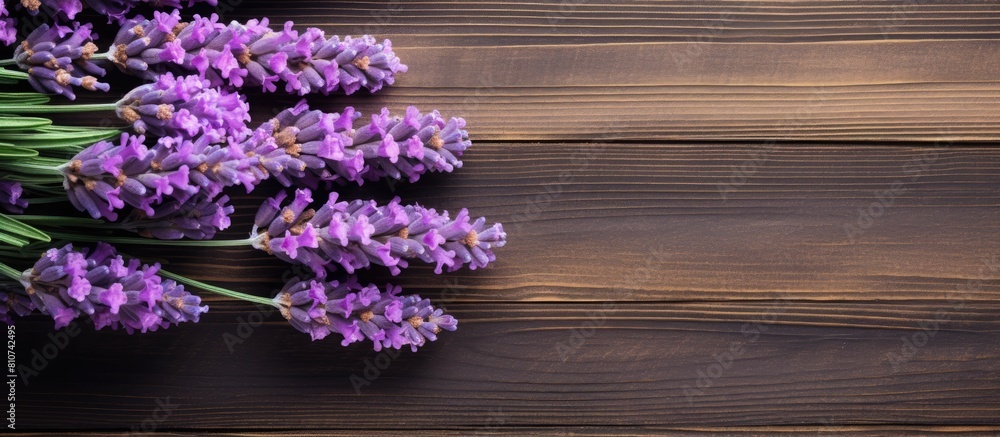 Poster Top view of a bouquet of fresh lavender flowers on a wooden background creating a copy space image for your text