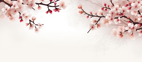 Fototapeta premium A postcard layout featuring blossoming cherry twigs with ample space for text creating a captivating visual and providing a white blank area