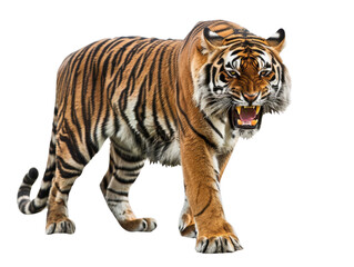 a majestic tiger walking with a determined look in its eyes. Its powerful presence exudes strength and confidence, making it a captivating sight to behold.