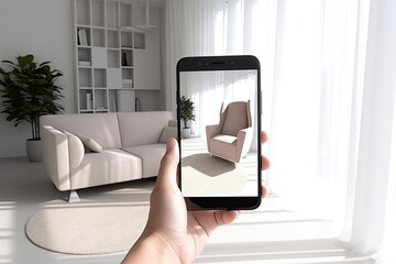 A hand holds a phone with an augmented reality application in a chair in the interior of a modern bright room. AR technology for 3D furniture in the online store.