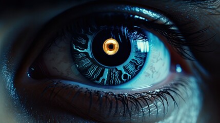 Close-up of the eye of a humanoid robot android with neon technological elements embedded in the...