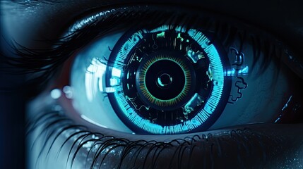 Close-up of the eye is a sci-fi cyborg human with a chip and sensors embedded in the retina and pupil, neon technological elements.