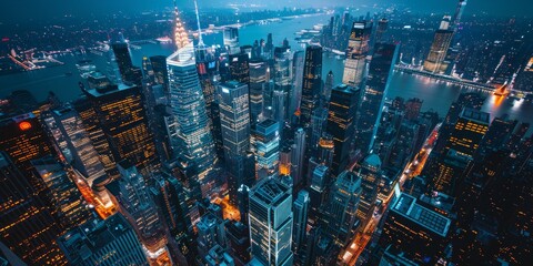 Aerial view of dense urban cityscape at night