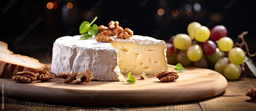 Poster A mouthwatering copy space image featuring Camembert cheese garnished with crunchy walnuts and juicy grapes