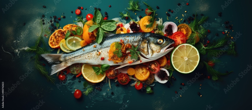 Aufkleber copy space image of a top view of a healthy dish featuring dorado a raw fish stuffed with nutritious