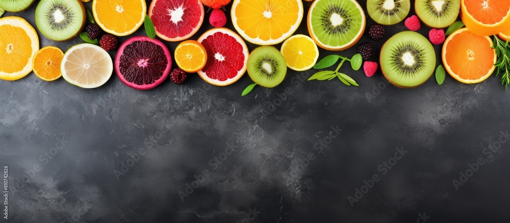 Poster Top view of various colorful slices of fruits including lemon orange kiwi apple and persimmon with handwritten labels placed on a stone surface in the copy space image
