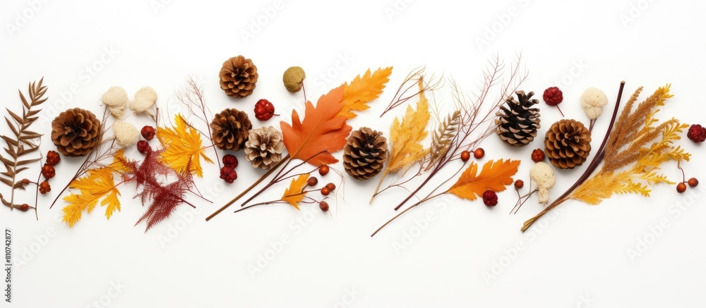 Poster top view of a white background adorned with a fall themed composition the arrangement includes dried