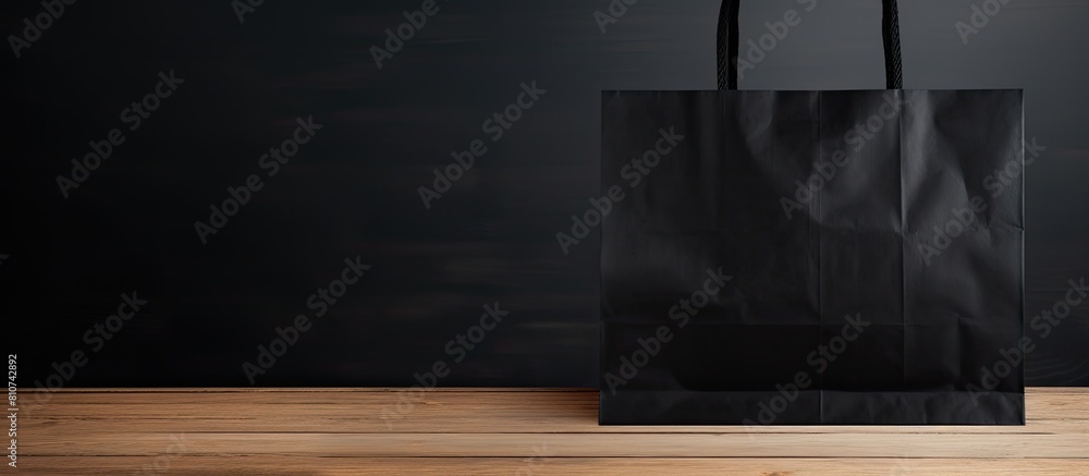 Poster A black paper bag rests on a clean white wooden table creating a perfect space for adding text