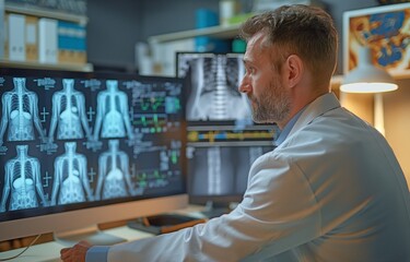 A professional using a model of their spine examines a chest image on an x-ray film viewer. diagnosis and treatment strategy.