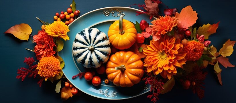 Above view of a floral composition for Thanksgiving Day featuring colorful pumpkins fallen leaves and an orange plate in the center providing copy space for text Square image