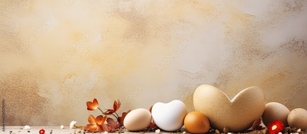 Aufkleber heart shaped bowls containing quail and chicken eggs are placed on a textured background creating an