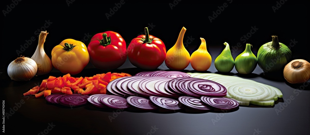 Aufkleber A colorful array of onion and pepper slices arranged harmoniously on a sleek black stone surface creating an eye catching copy space image