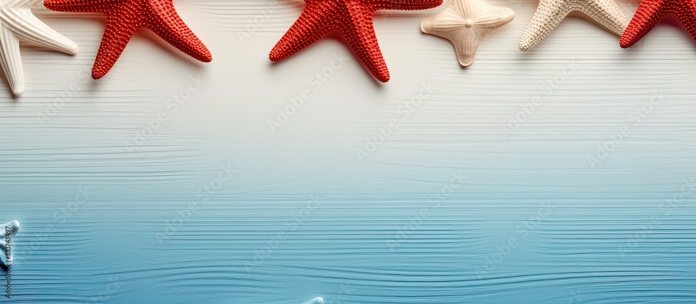 Poster a door trim featuring starfish shapes in red blue and white colors the background is blurred and the