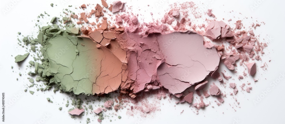 Aufkleber a broken eye shadow palette with smears of pink and green makeup sits alone on a white background it