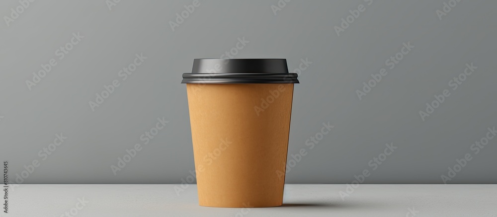 Poster A disposable coffee cup with a closed plastic lid designed to be easily recycled This takeaway drink is showcased in a flat lay on a gray background creating a mock up image with plenty of copy space