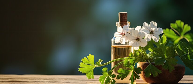 A white potted Citronella Geranium plant sits next to a brown bottle of essential oil There is plenty of copy space available in the image