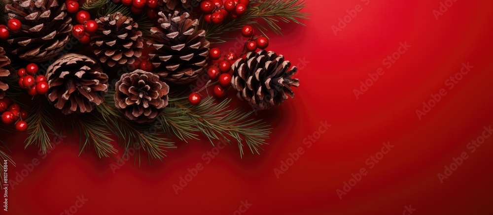 Poster A red background with pine cones and branches of the Xmas tree perfect for Christmas and New Year celebrations Image with copy space