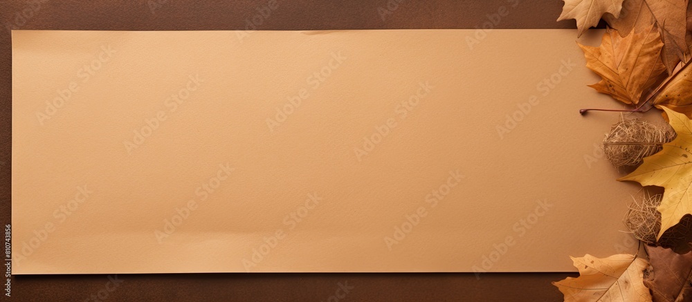 Leinwandbilder Top view of blank memo paper on brown kraft paper background adorned with dry autumn leaves Perfect for adding text or images. Creative banner. Copyspace image