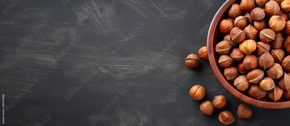 Aufkleber Top view of a bowl filled with hazelnuts on a grey background providing copy space for the image