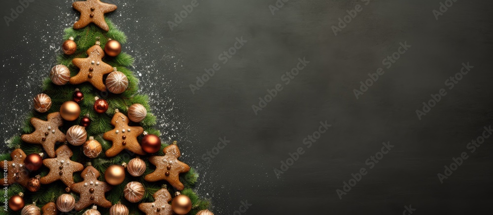 Poster a festive christmas gingerbread tree with a gray background seen from above the image leaves room fo