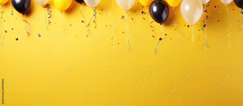 Poster The party theme is brought to life with vibrant balloons confetti and a yellow background creating a top down frame with plenty of copy space image