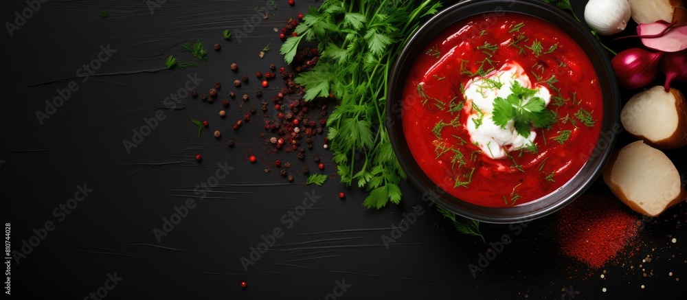 Poster A traditional bowl of Borscht soup rests on a black table presented in a flat lay style with ample copy space for additional elements