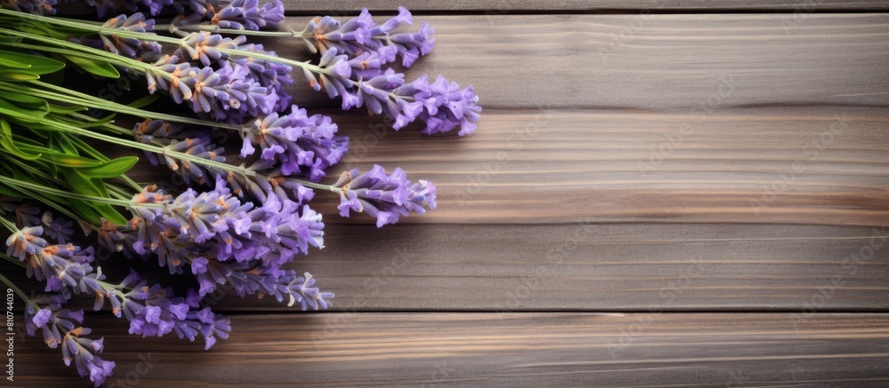 Poster Top view of a bouquet of fresh lavender flowers on a wooden background creating a copy space image for your text