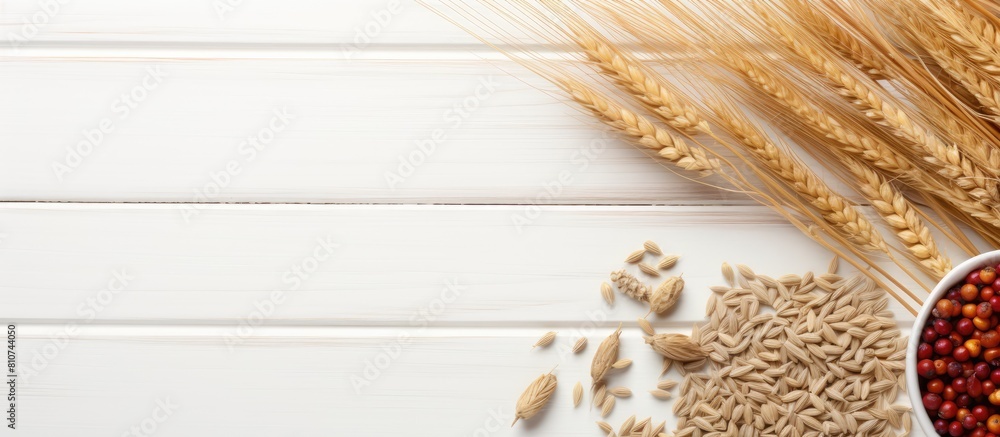 Poster the top view copy space image showcases a background of cereals including raw oatmeal and sprigs of 