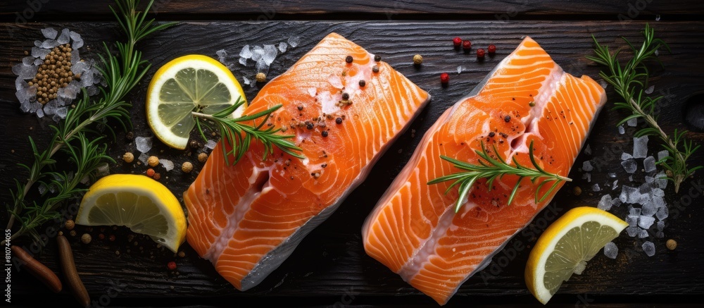 Aufkleber The concept of fish food is visually portrayed by a top down view of salmon steaks on ice adorned with lemon and rosemary placed on a dark wooden table Ample space is available for adding text or oth