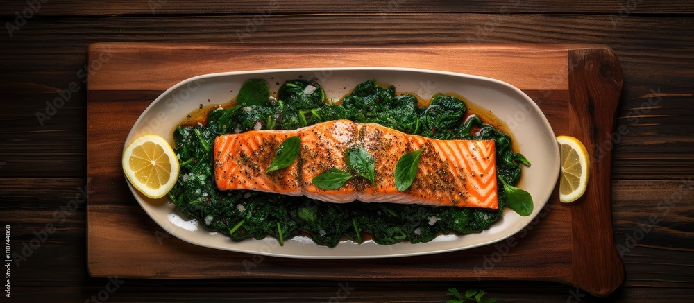 Aufkleber Top view of a grilled salmon dish with a side of spinach perfect for showcasing in a copy space image
