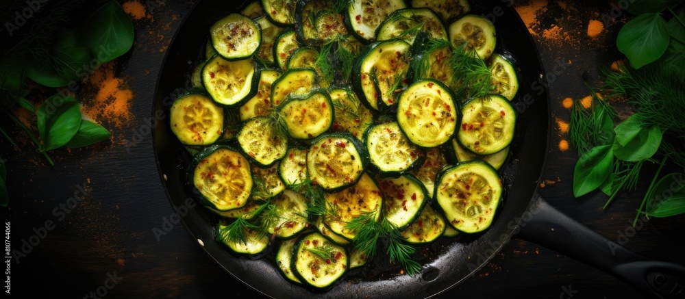 Poster A copy space image of young sliced courgettes frying in a pan on a dark background with zucchini in the background seen from a top view