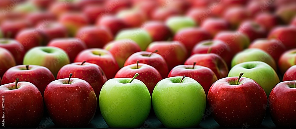 Poster A shallow depth of field image showcases red apples for sale in a market with green apples slightly farther away. Creative banner. Copyspace image