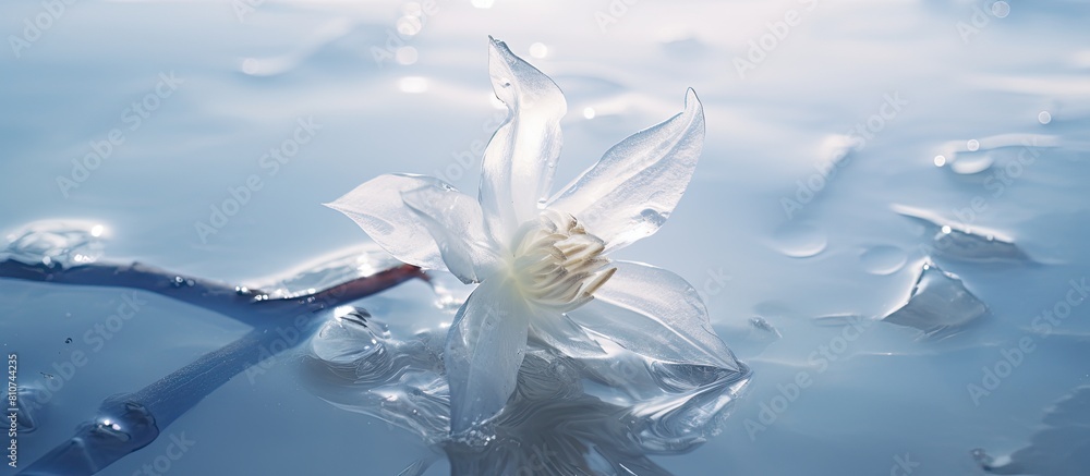 Leinwandbilder an off white flower is captured in a block of ice creating a macro close up copy space image