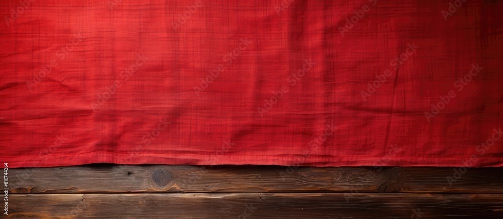 Fototapete an old wooden table is shown from above with a vibrant red tablecloth leaving an empty space for add