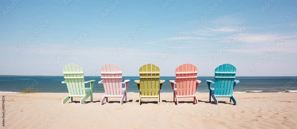 Poster There are empty Adirondack chairs placed on the sandy beach creating a visually appealing copy space image