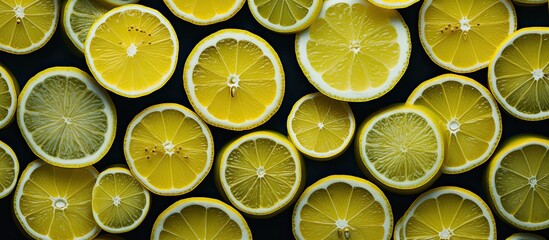 A vibrant arrangement of freshly sliced lemons creates a striking pattern against a dark backdrop...