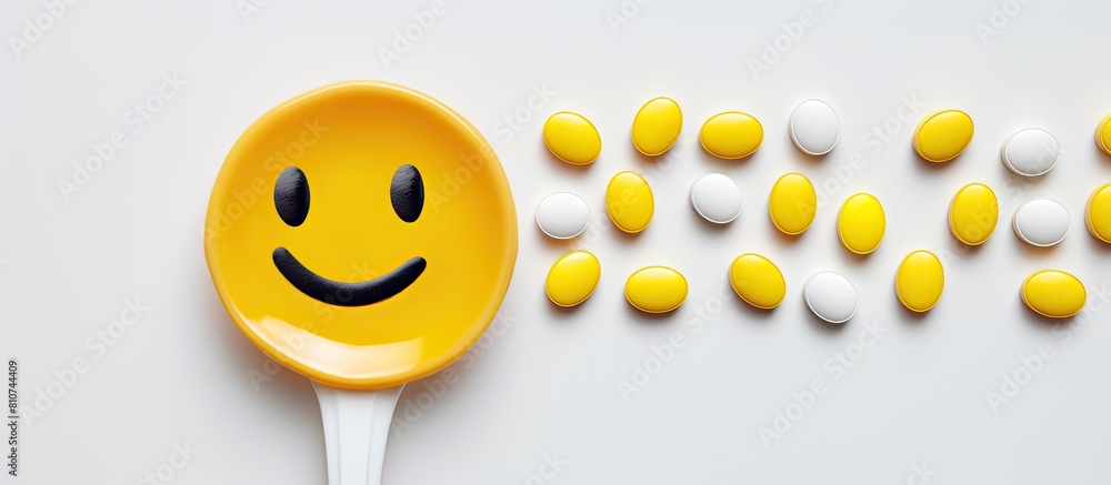 Aufkleber A white background with a top view of a smiley face emoji pills in a spoon and copy space image representing the concept of receiving and recovering through medication