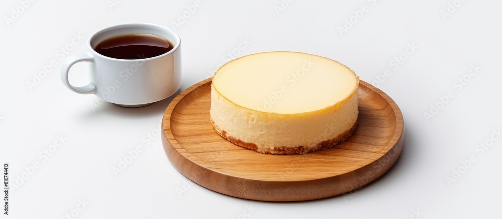 Poster a cheesecake on a wooden plate sits alongside a cup of black coffee on a white background creating a