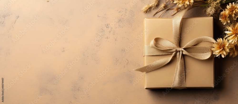 Poster top view of a gift box decorated with dry flowers tied with a ribbon and string resting on a brown k