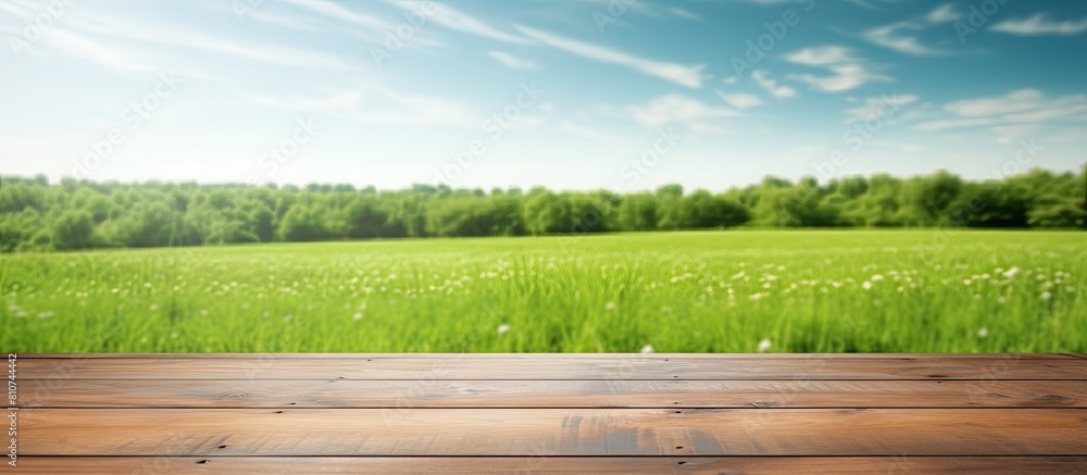 Aufkleber wooden deck table placed against a green field background creating an empty material for a product d