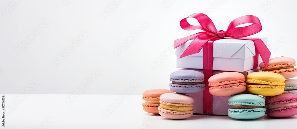Poster a copy space image of colorful macaroons and a gift box placed against a white backdrop