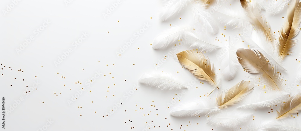 Aufkleber Top view of white feathers with a radiant gold glitter on a white background creating a visually appealing flat lay image with ample copy space