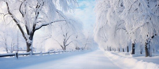 The street in winter is filled with a serene view of snow covered branches providing a picturesque copy space image