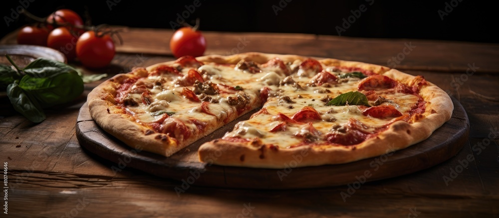Poster A copy space image featuring a delicious pizza on a rustic wooden table topped with fresh tomato and gooey cheese
