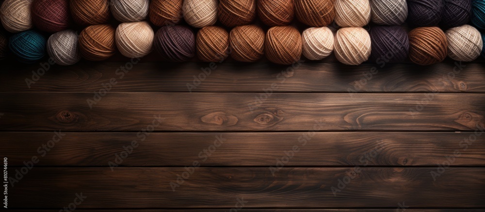 Poster top view of knitting threads on a wooden brown table with spokes the image offers copy space