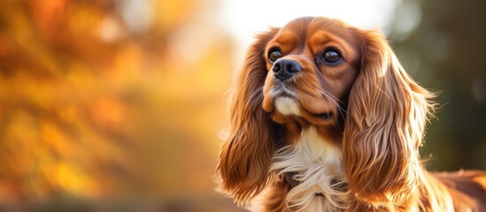 Naklejka premium A delightful cavalier spaniel dog with a charming expression standing alone against a white background perfect for copy space image