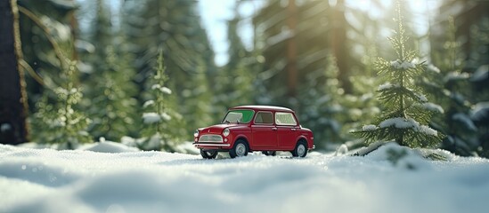 In the winter forest there is a toy car with a gift creating a picturesque copy space image