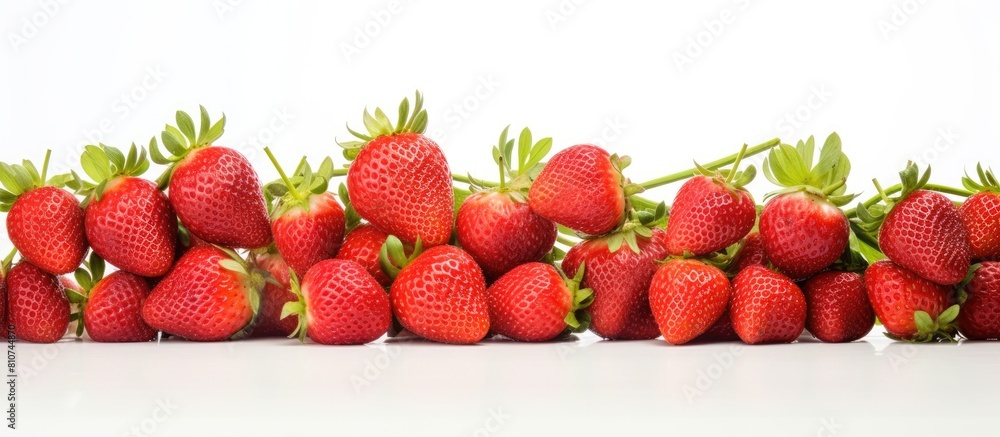 Poster a copyspace image featuring fresh natural strawberries on a white background leaving space for text.